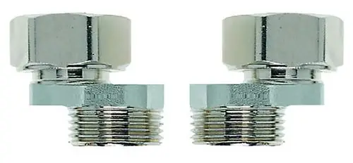 Zwei chromierte S-Anschlüsse mit einem G3/4-Gewinde, hergestellt von IMI Hydronic Engineering, zur Verbindung von Rohrleitungen.